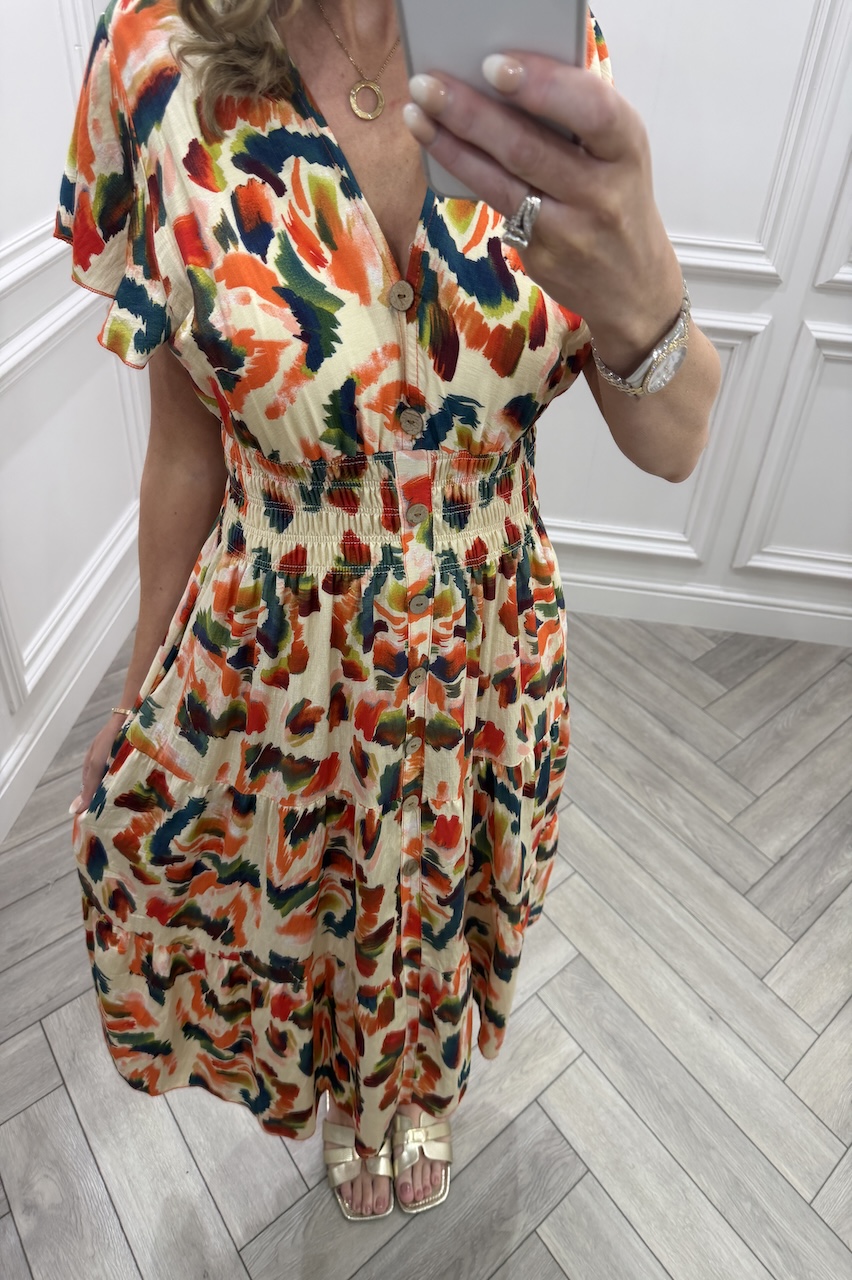 Orange & Red Genesis Shirred Midi Dress