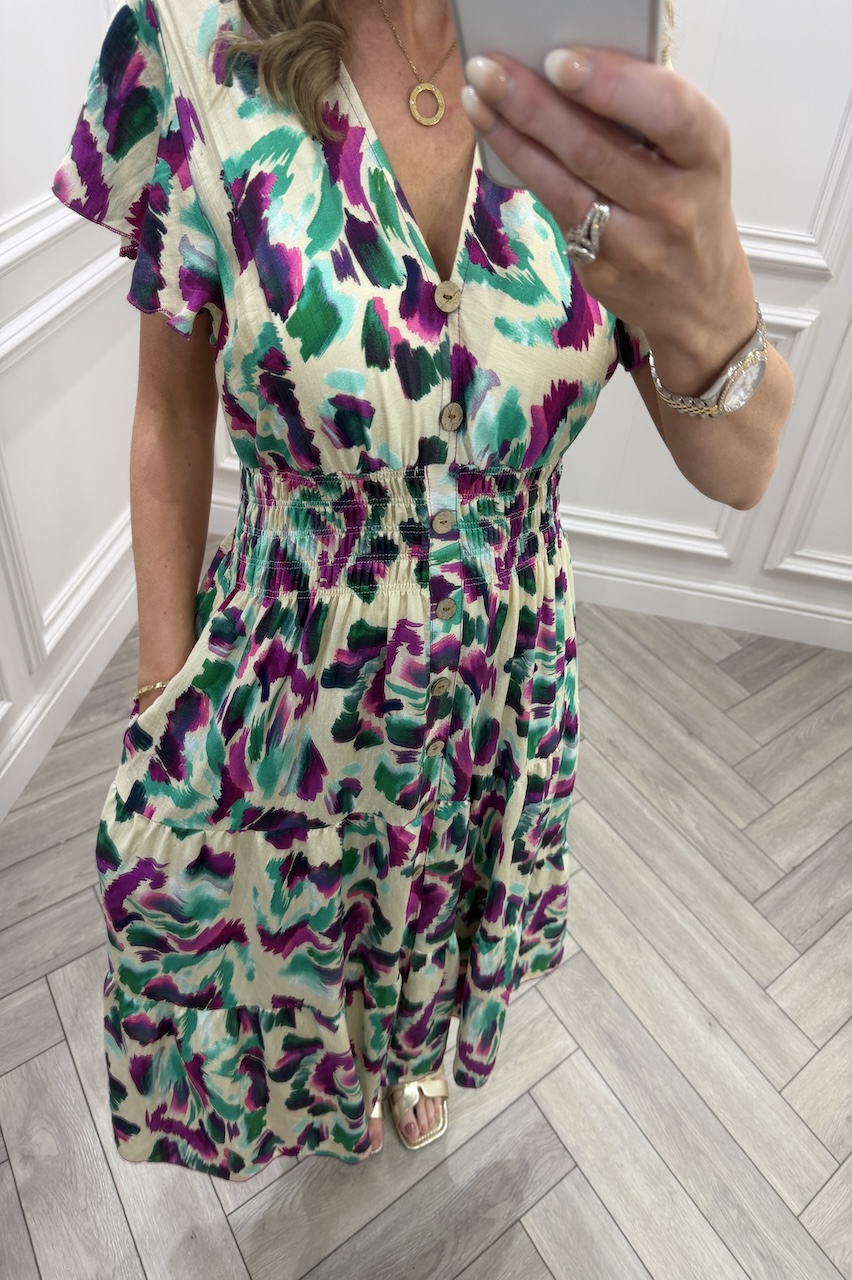 Purple & Green Genesis Shirred Midi Dress