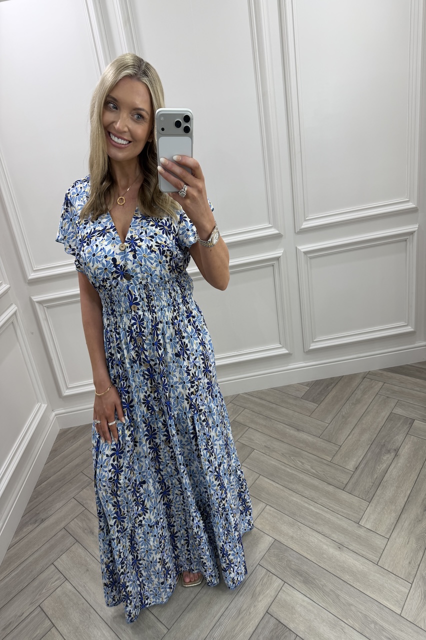 Blue Ayla Shirred Maxi Dress