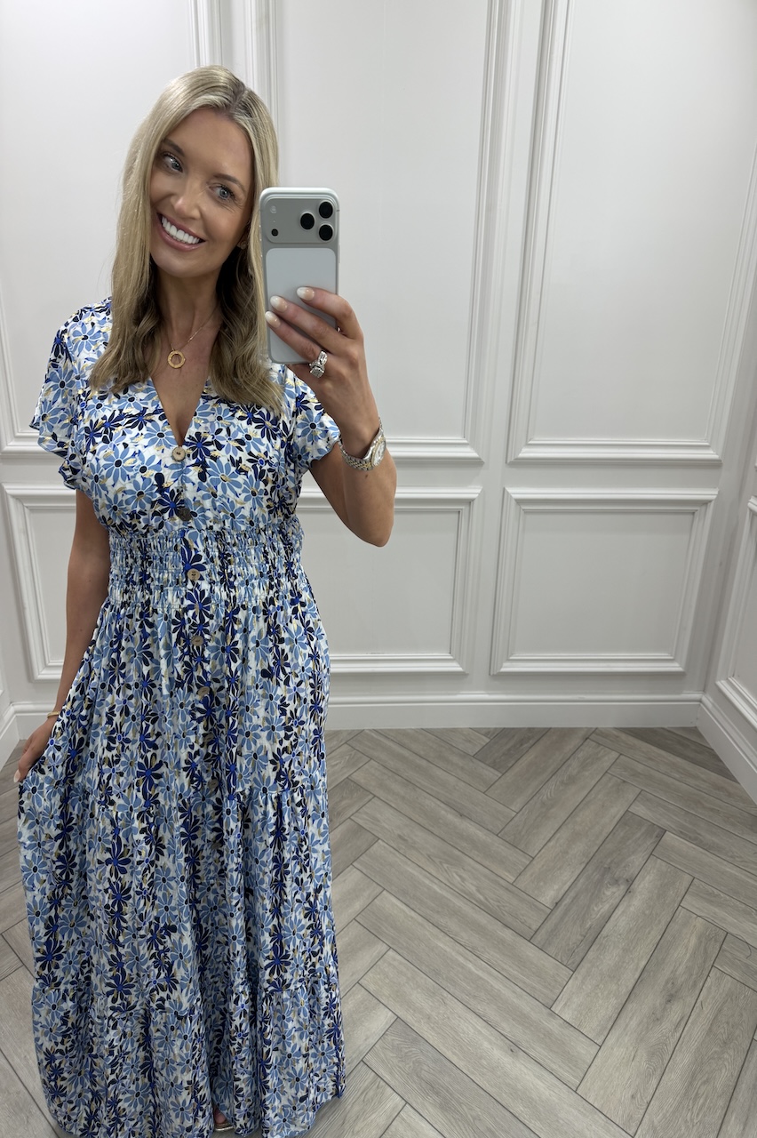 Blue Ayla Shirred Maxi Dress