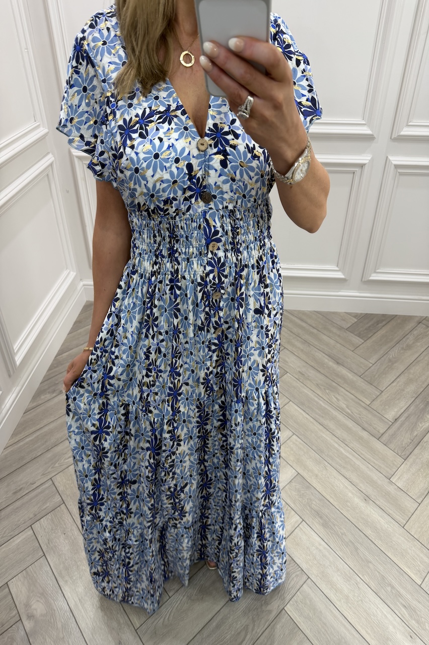 Blue Ayla Shirred Maxi Dress