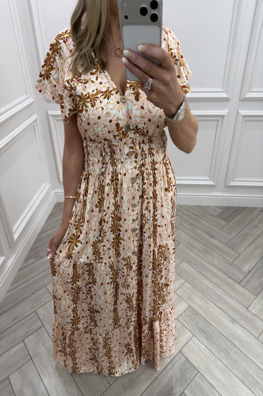 Beige & Tan Ayla Shirred Maxi Dress