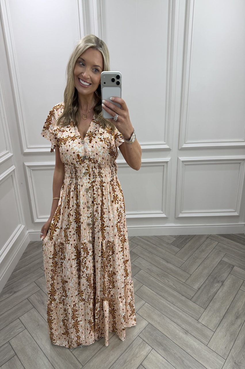 Beige & Tan Ayla Shirred Maxi Dress