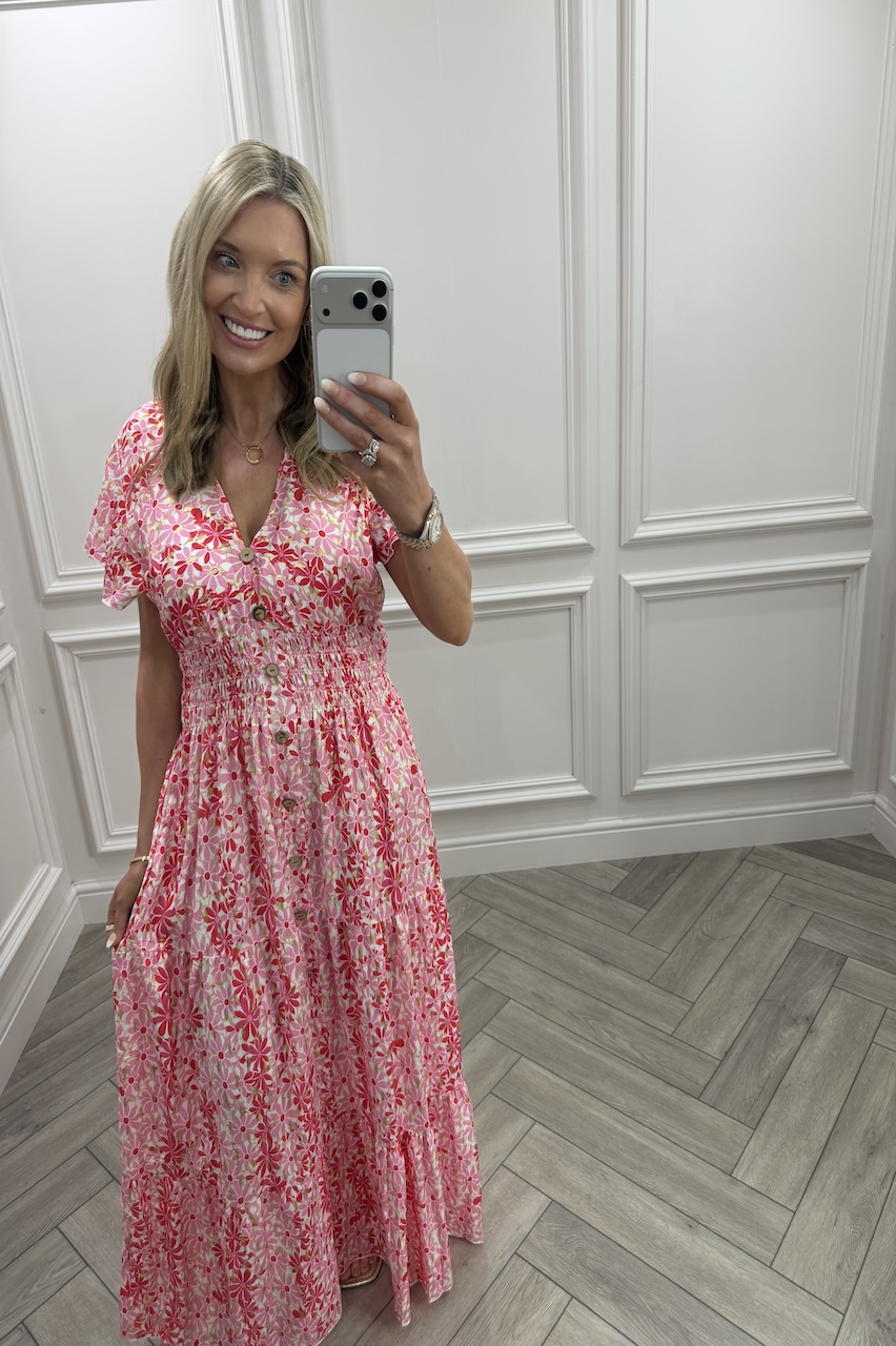 Magenta & Pink Ayla Shirred Maxi Dress