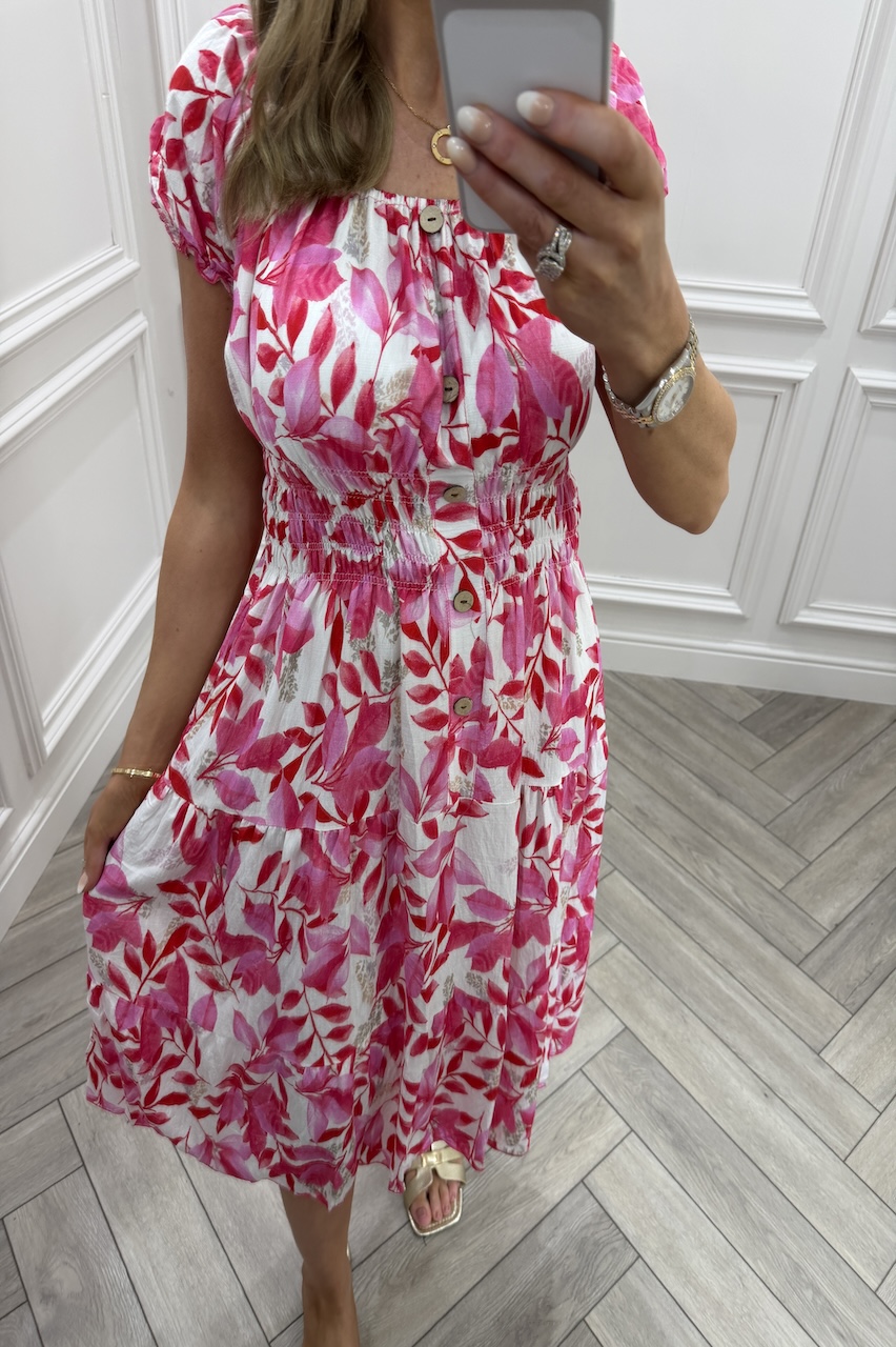Pink Lucia Floral Shirred Midi Dress