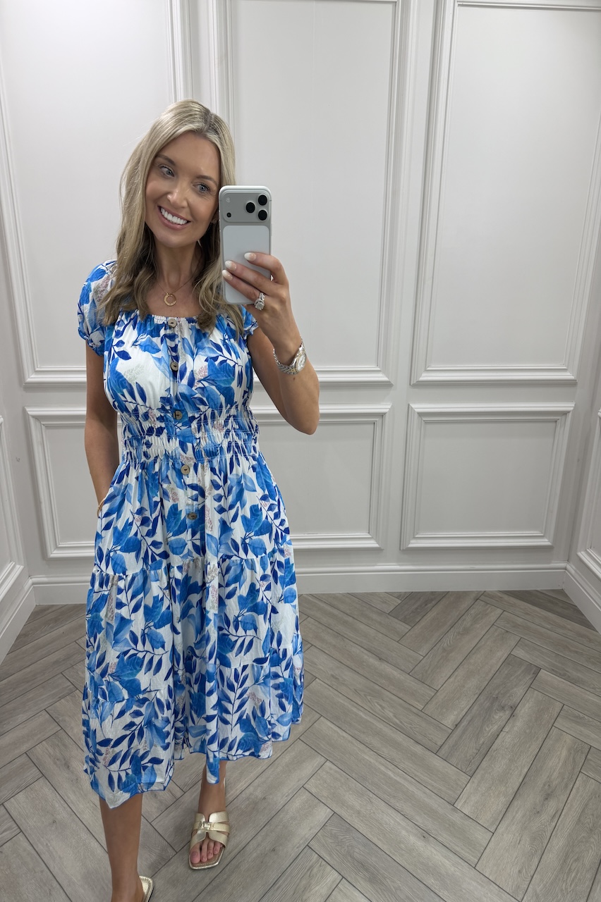 Royal Blue  Lucia Floral Shirred Midi Dress