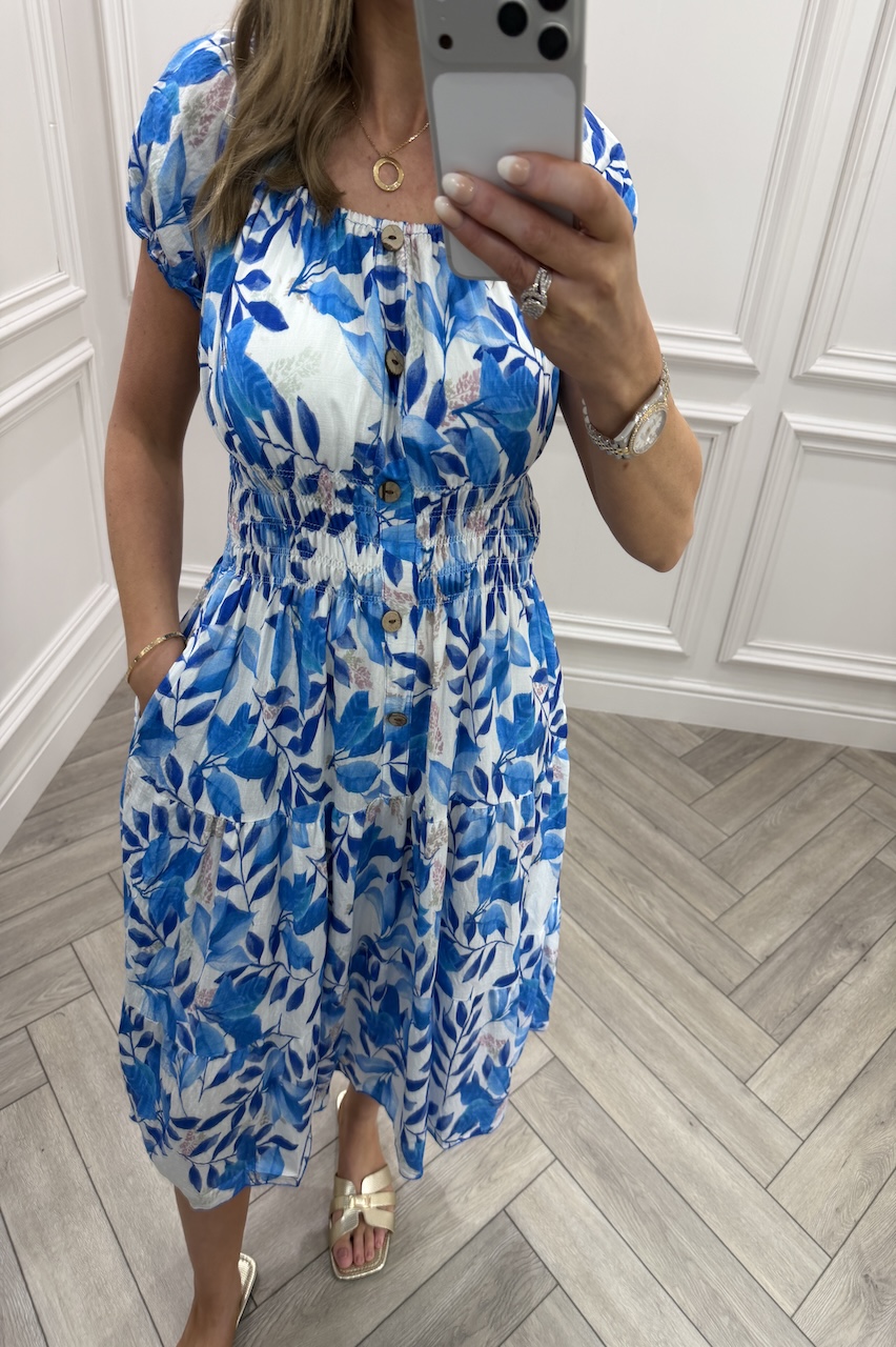 Royal Blue  Lucia Floral Shirred Midi Dress