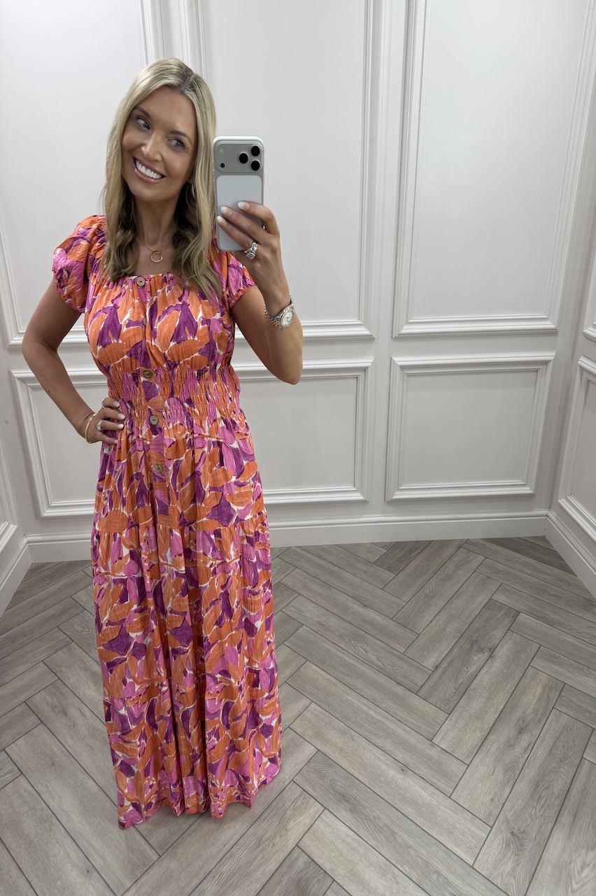 Pink & Orange Celia Shirred Maxi Dress