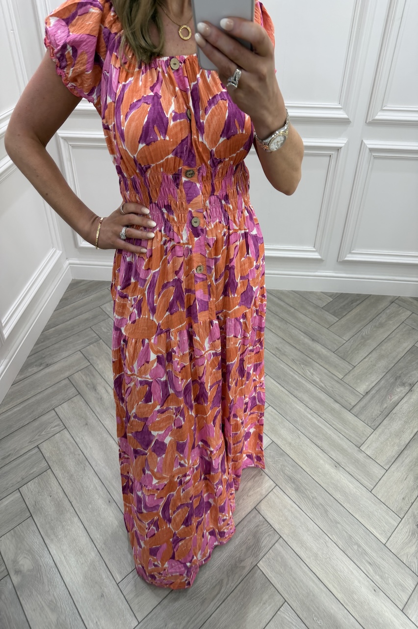 Pink & Orange Celia Shirred Maxi Dress