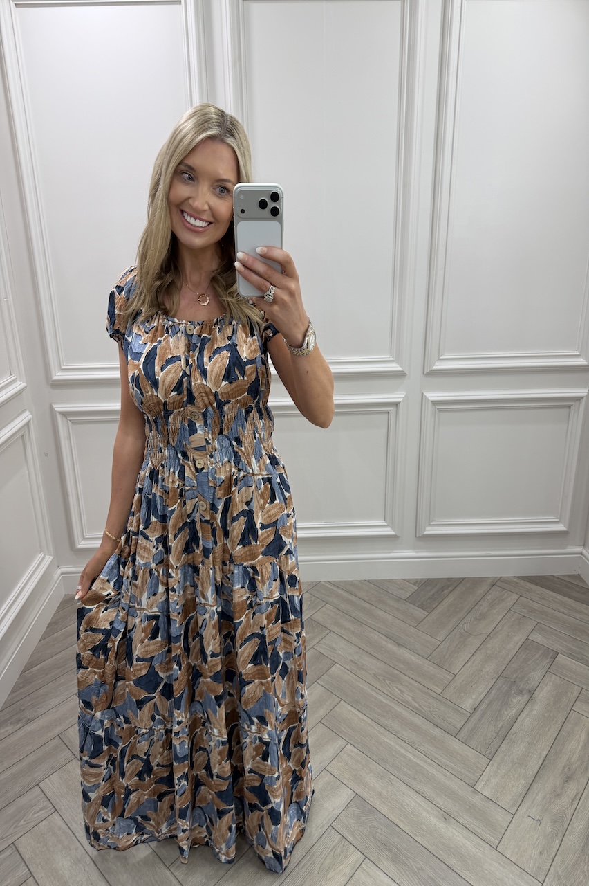 Navy & Tan Celia Shirred Maxi Dress