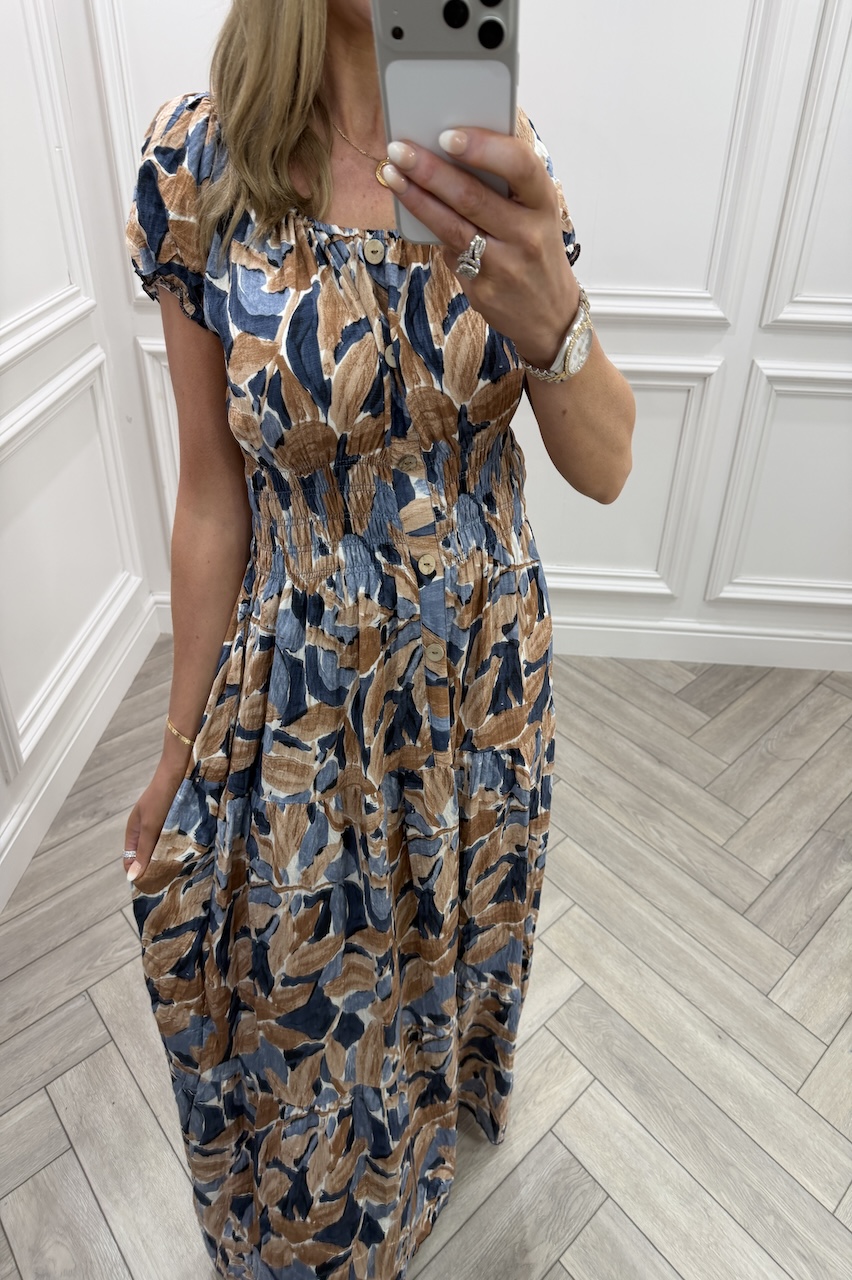 Navy & Tan Celia Shirred Maxi Dress