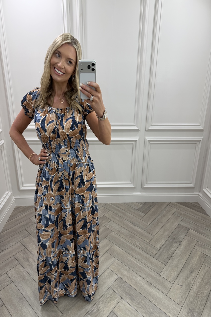 Navy & Tan Celia Shirred Maxi Dress
