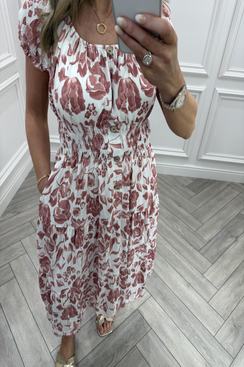 Red Sadie Floral Shirred Midi Dress