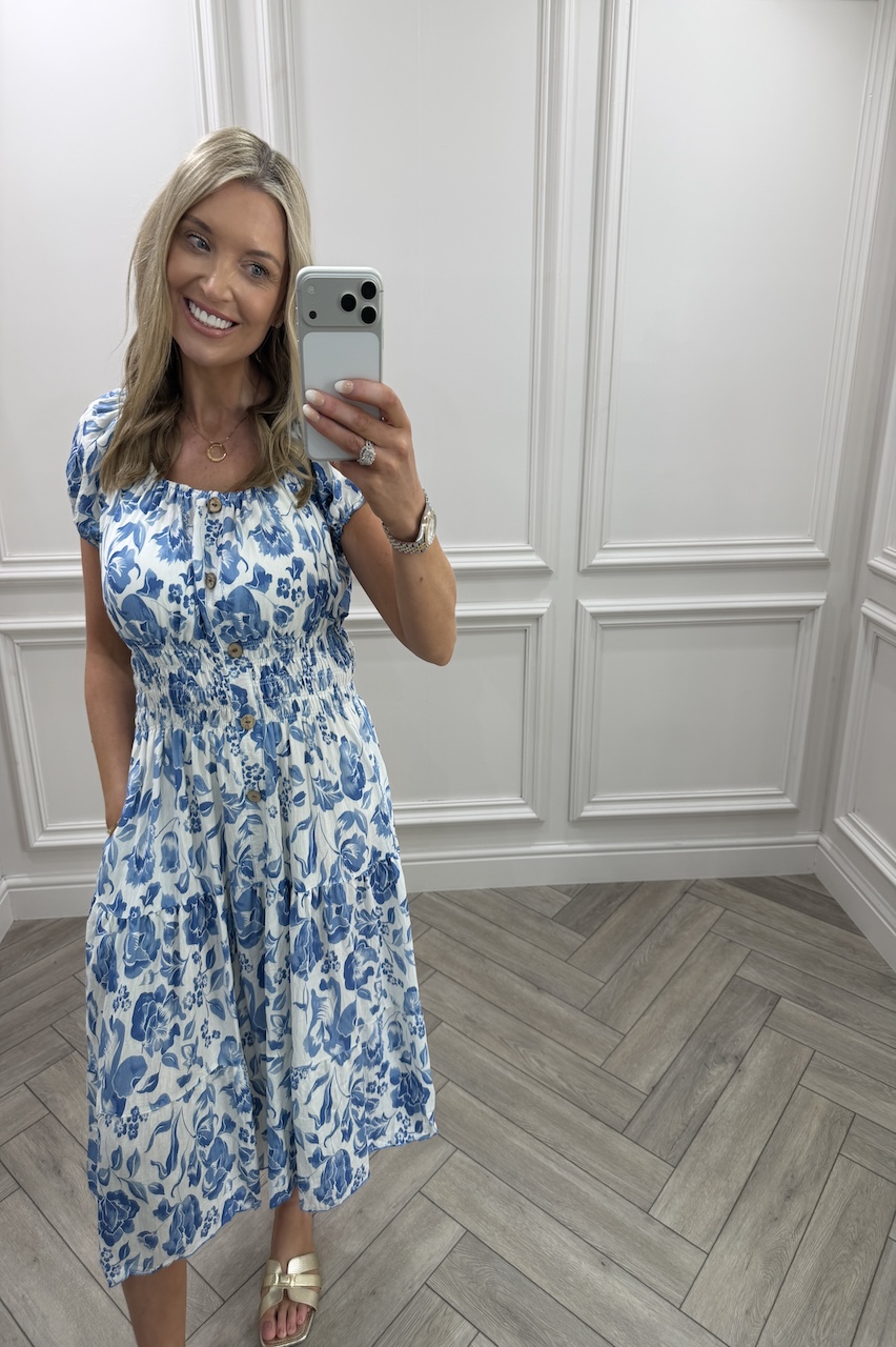 Blue Sadie Floral Shirred Midi Dress