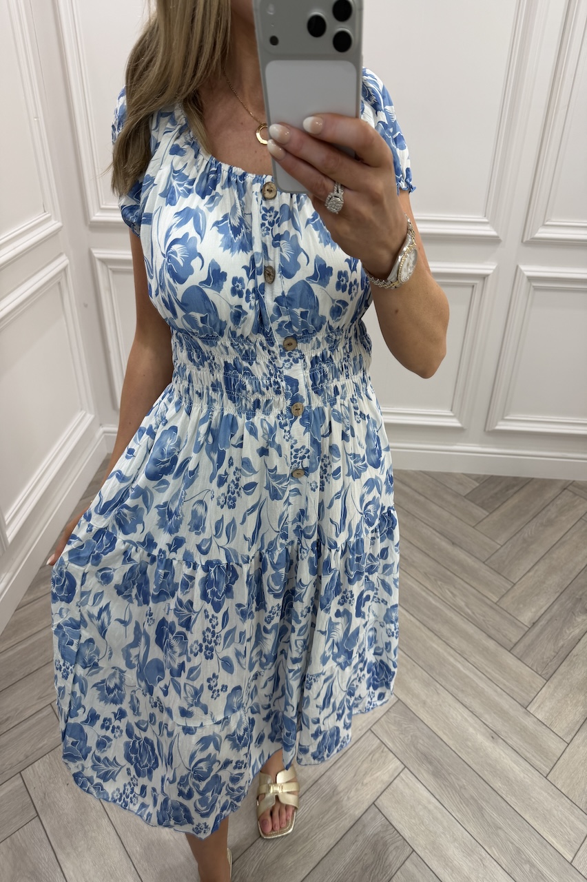 Blue Sadie Floral Shirred Midi Dress