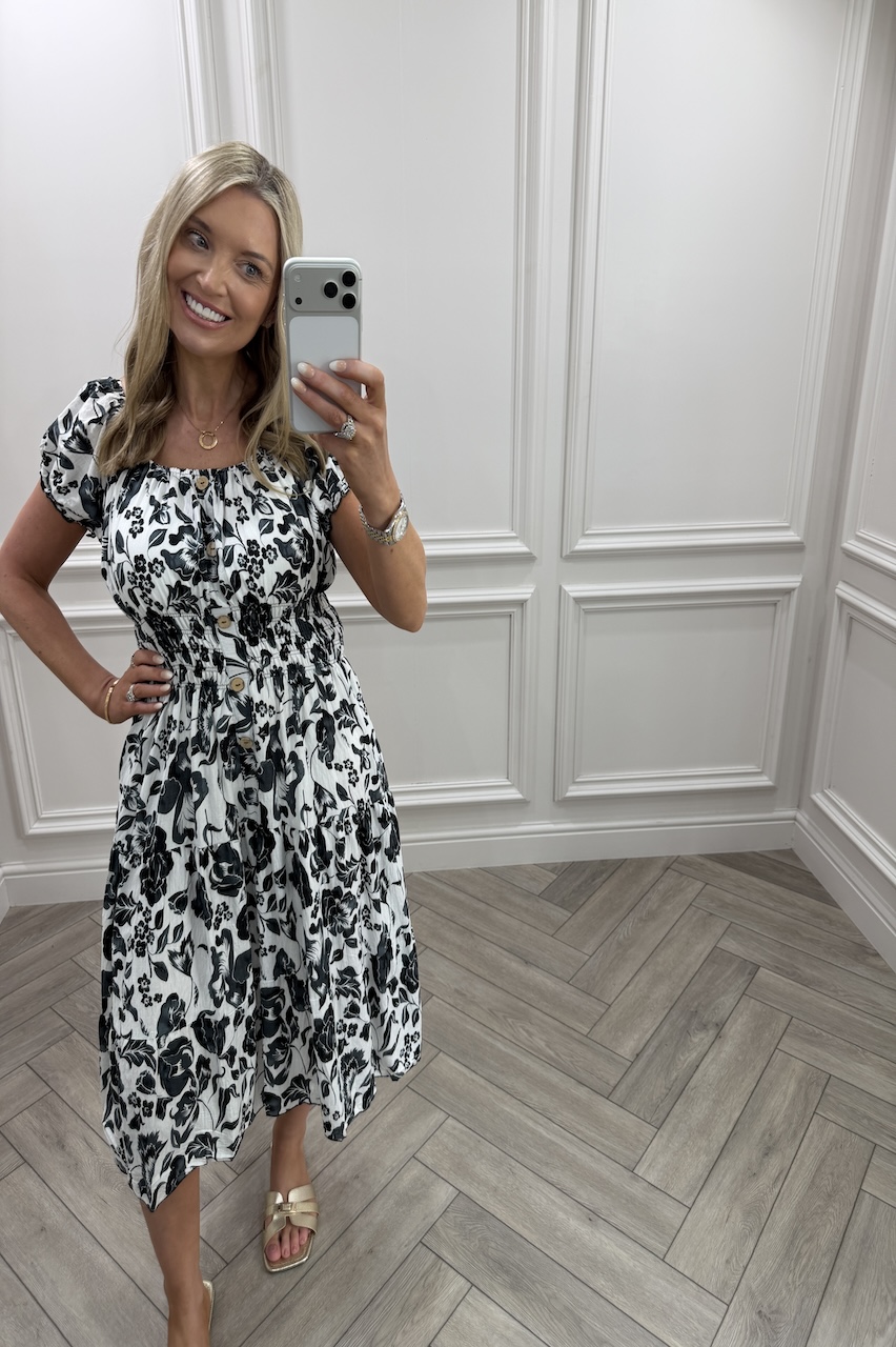 Black Sadie Floral Shirred Midi Dress