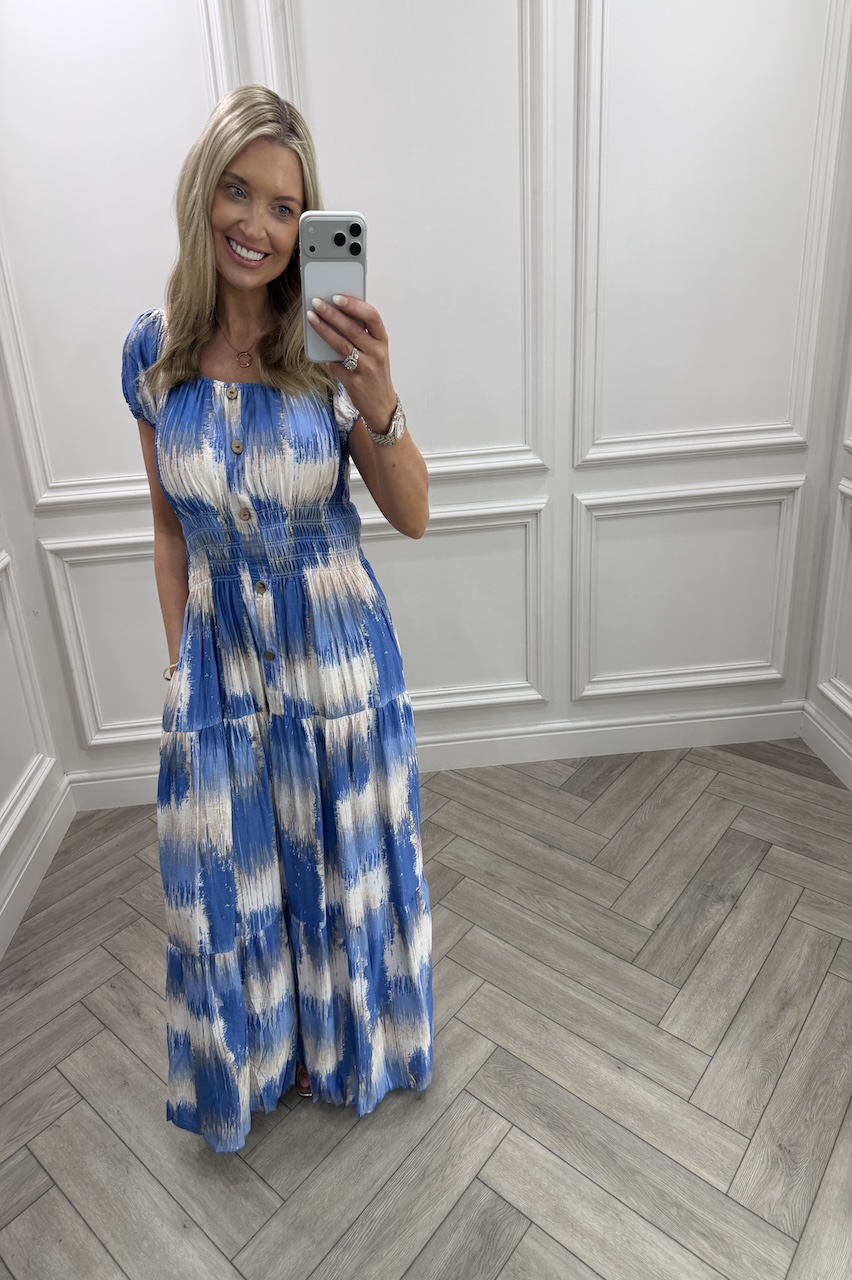 Blue Matilda Shirred Maxi Dress