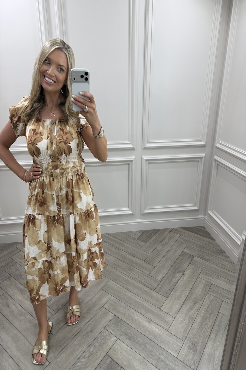 Beige  Olive Shirred Midi Dress