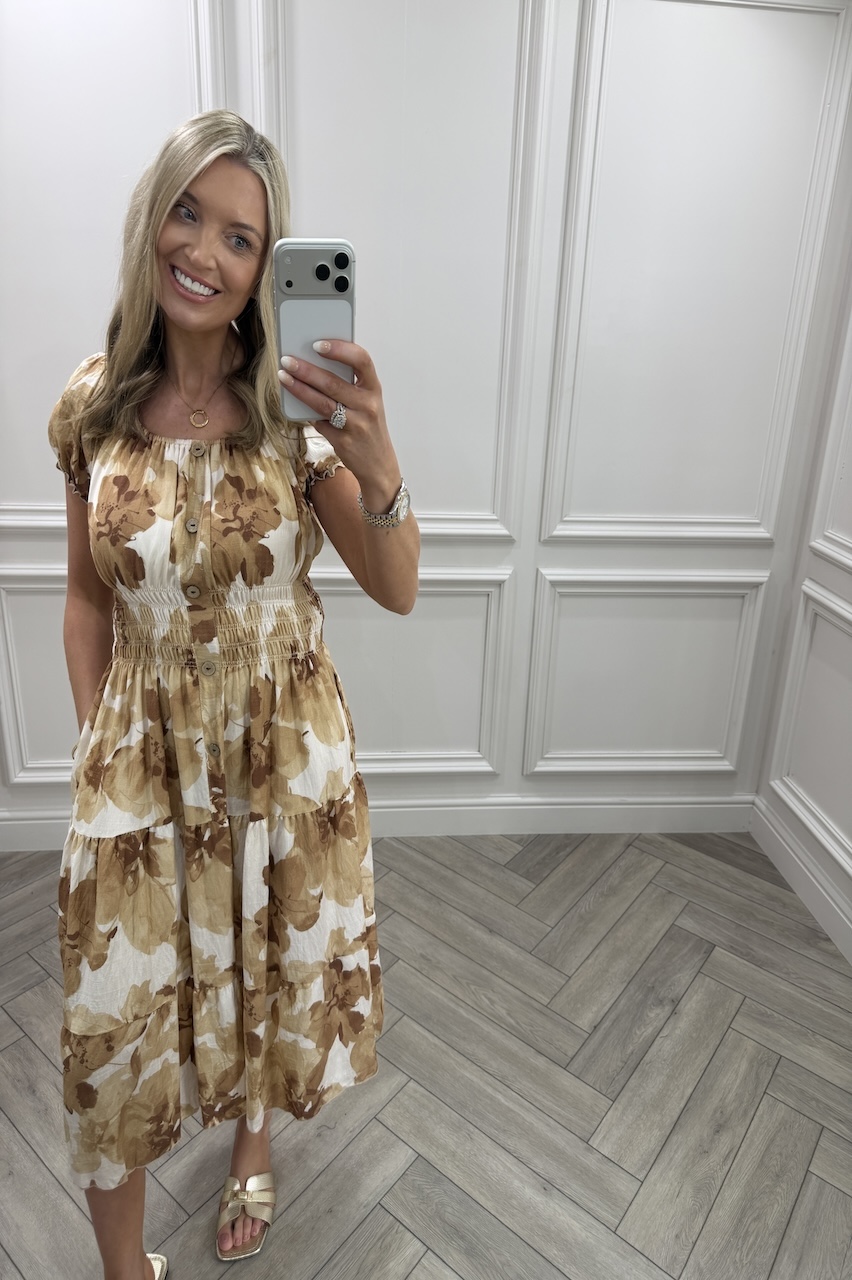 Beige  Olive Shirred Midi Dress