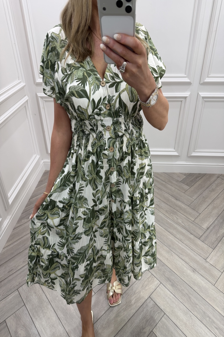 Hannah Khaki  Shirred Midi Dress