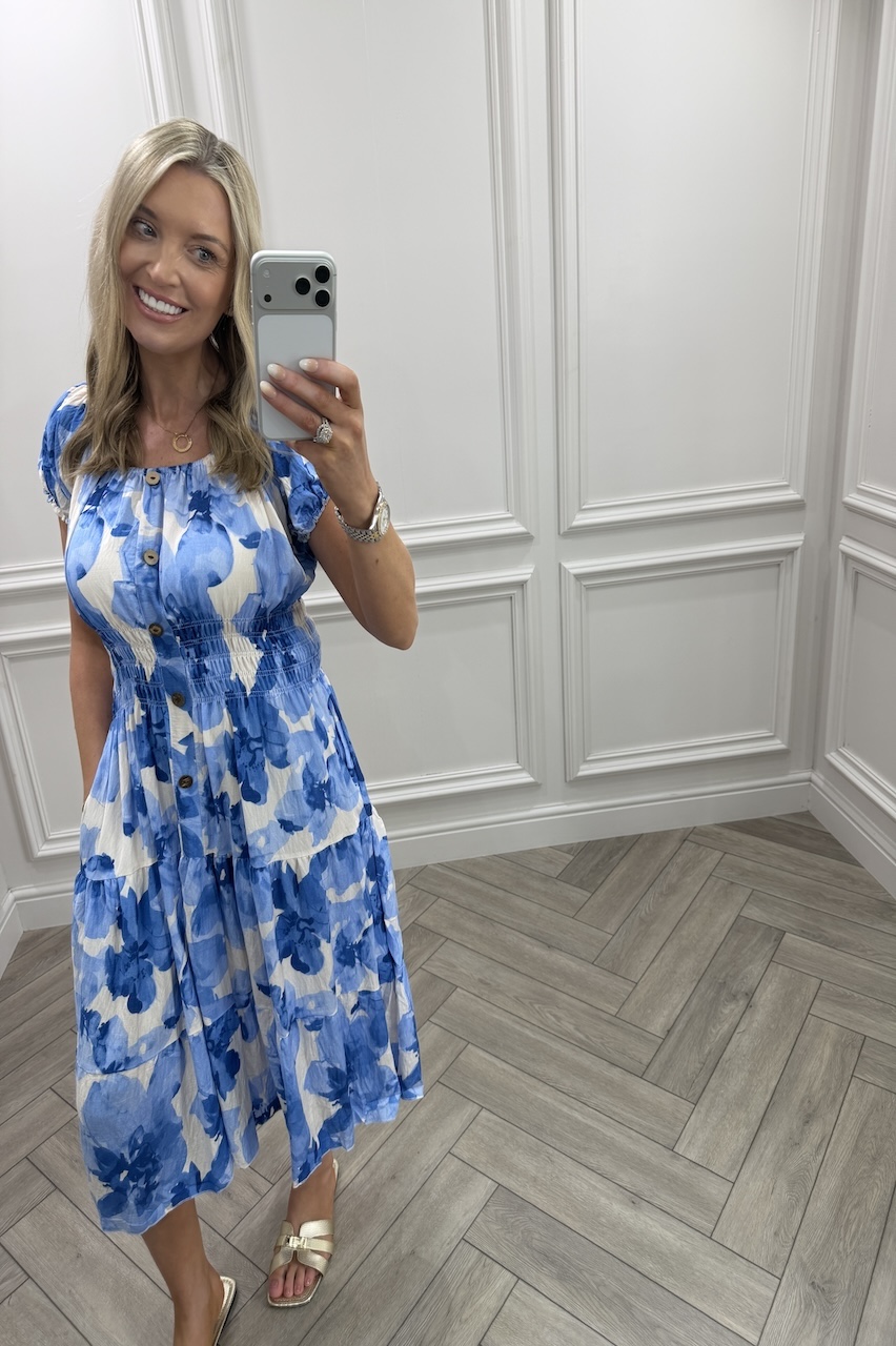 Blue Olive Shirred Midi Dress