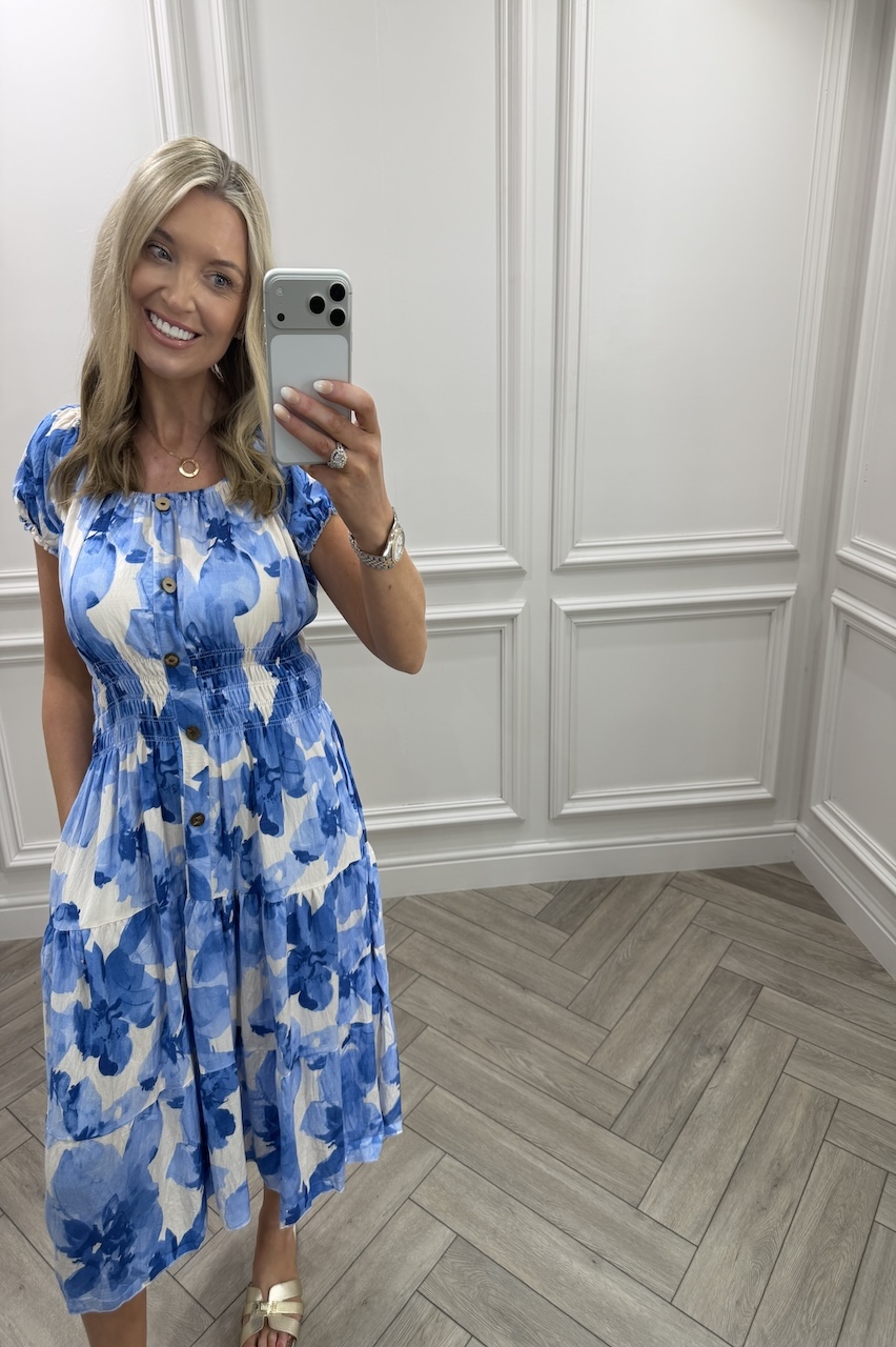 Blue Olive Shirred Midi Dress