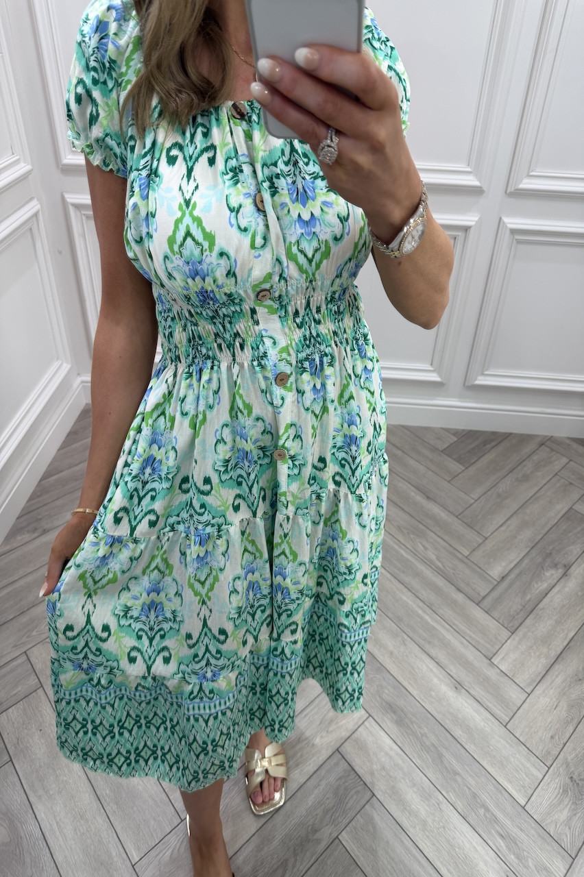 Green Yasmin Floral Shirred Dress