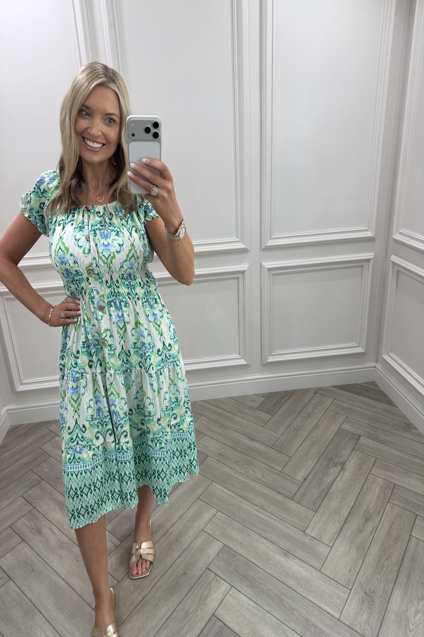 Green Yasmin Floral Shirred Dress