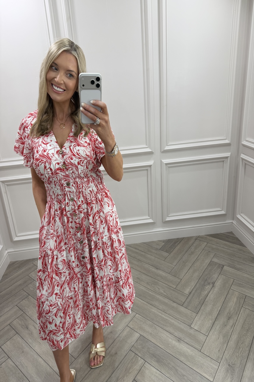 Red Juniper Shirred Dress