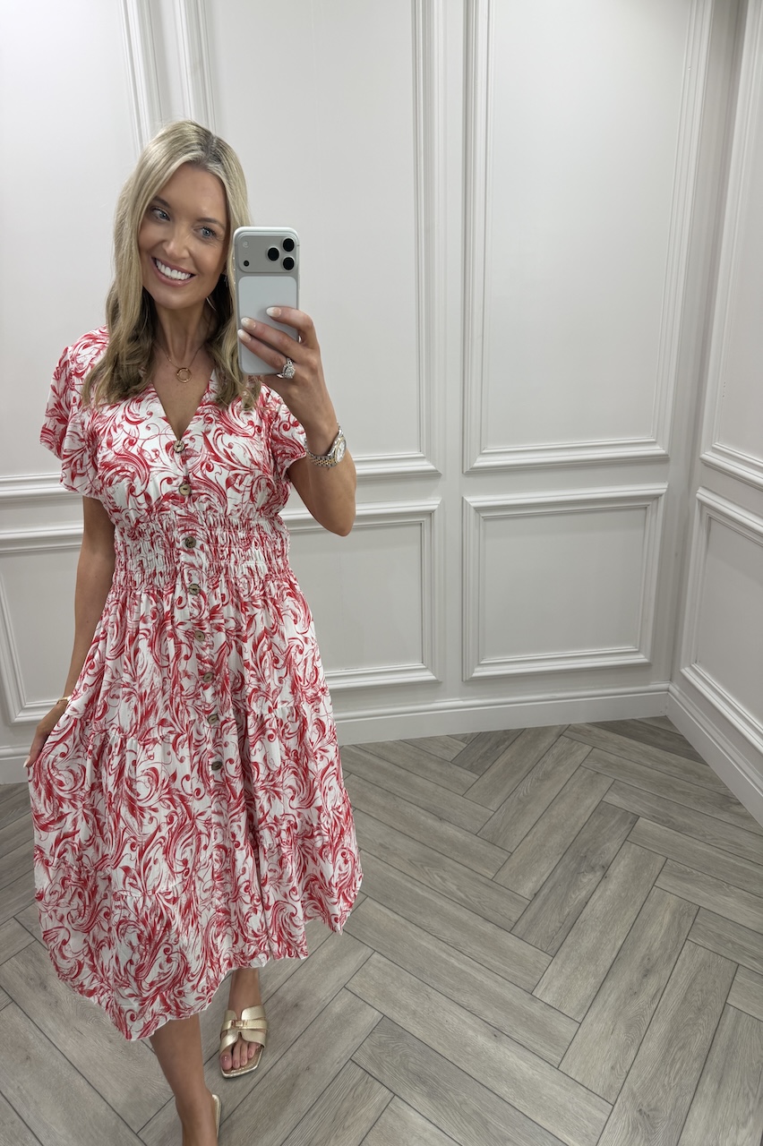 Red Juniper Shirred Dress