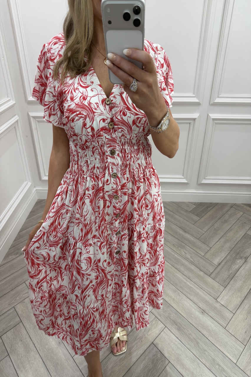 Red Juniper Shirred Dress