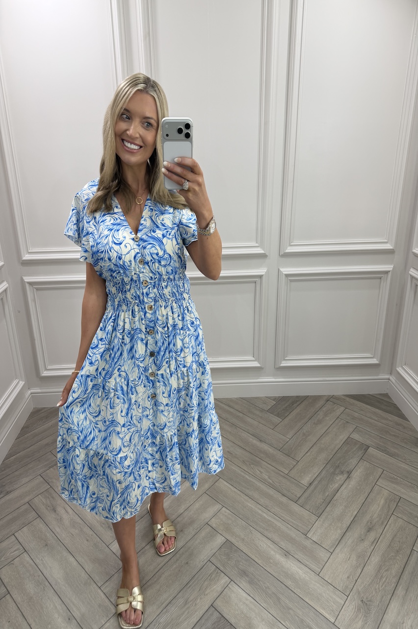 Blue Juniper Shirred Dress