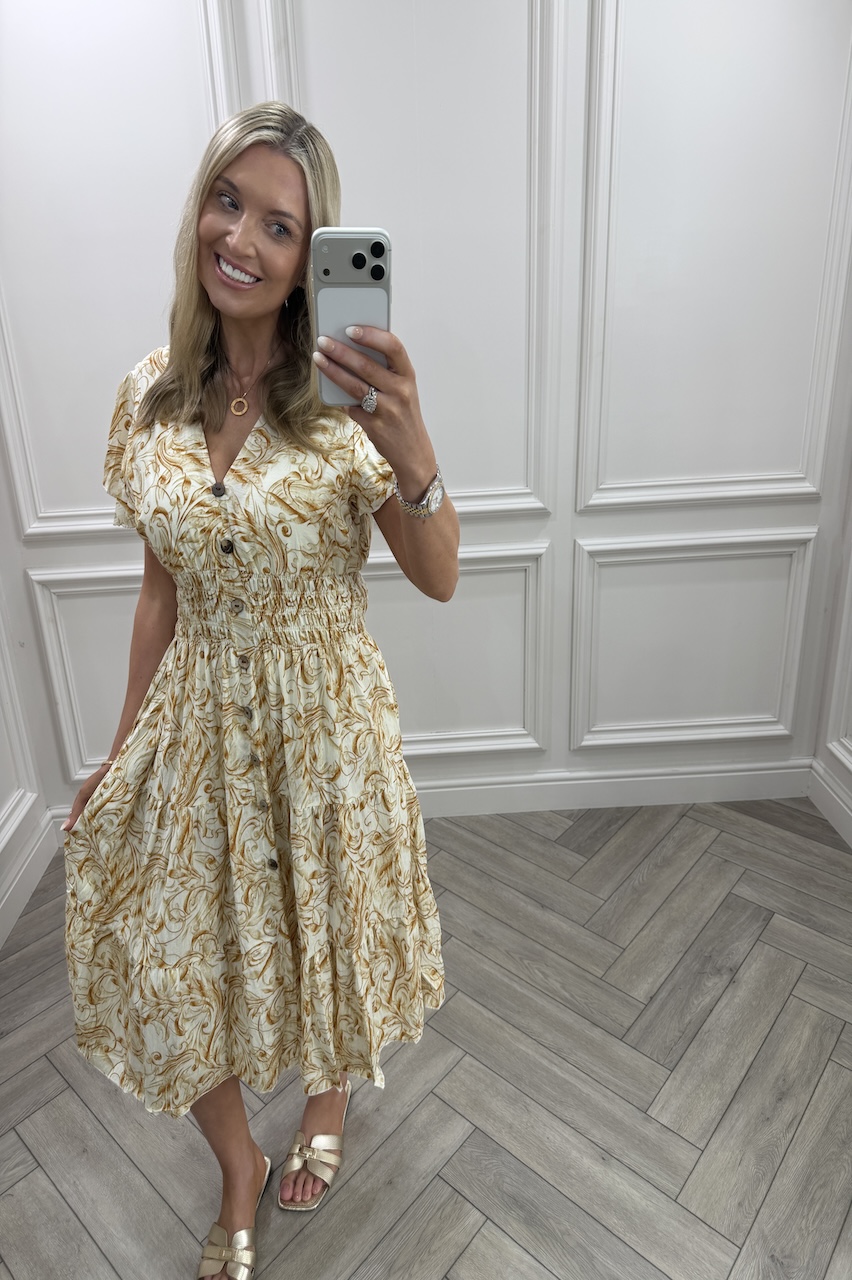 Tan Juniper Shirred Dress