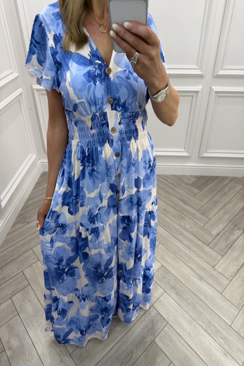 Blue Poppy Shirred Maxi Dress