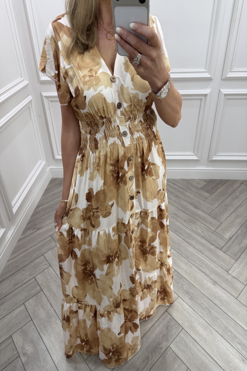 Tan Poppy Shirred Maxi Dress