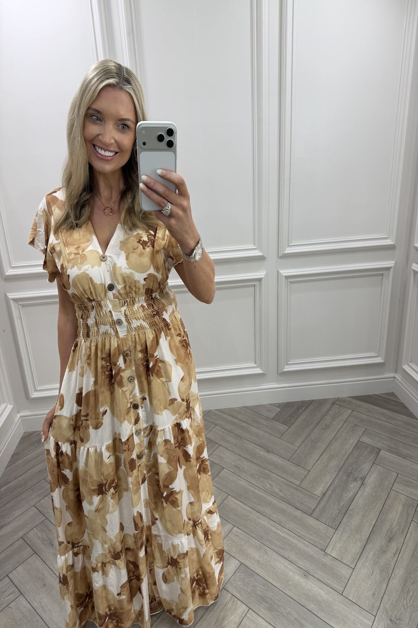 Tan Poppy Shirred Maxi Dress