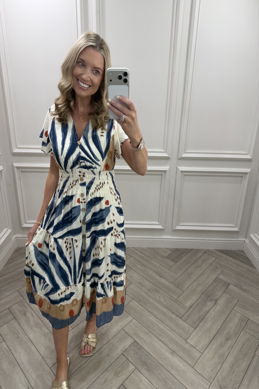 Navy & Tan Sunkissed Shirred Midi Dress