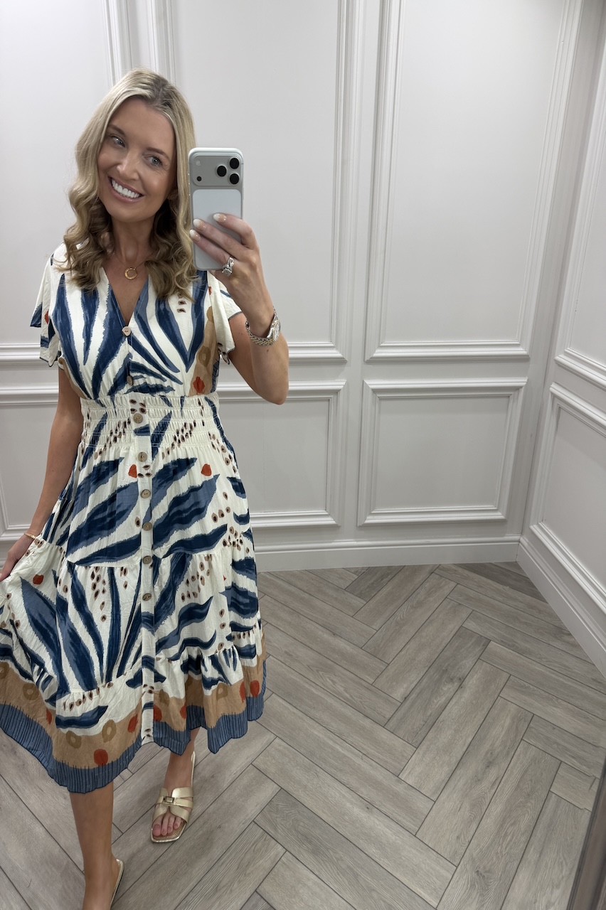 Navy & Tan Sunkissed Shirred Midi Dress