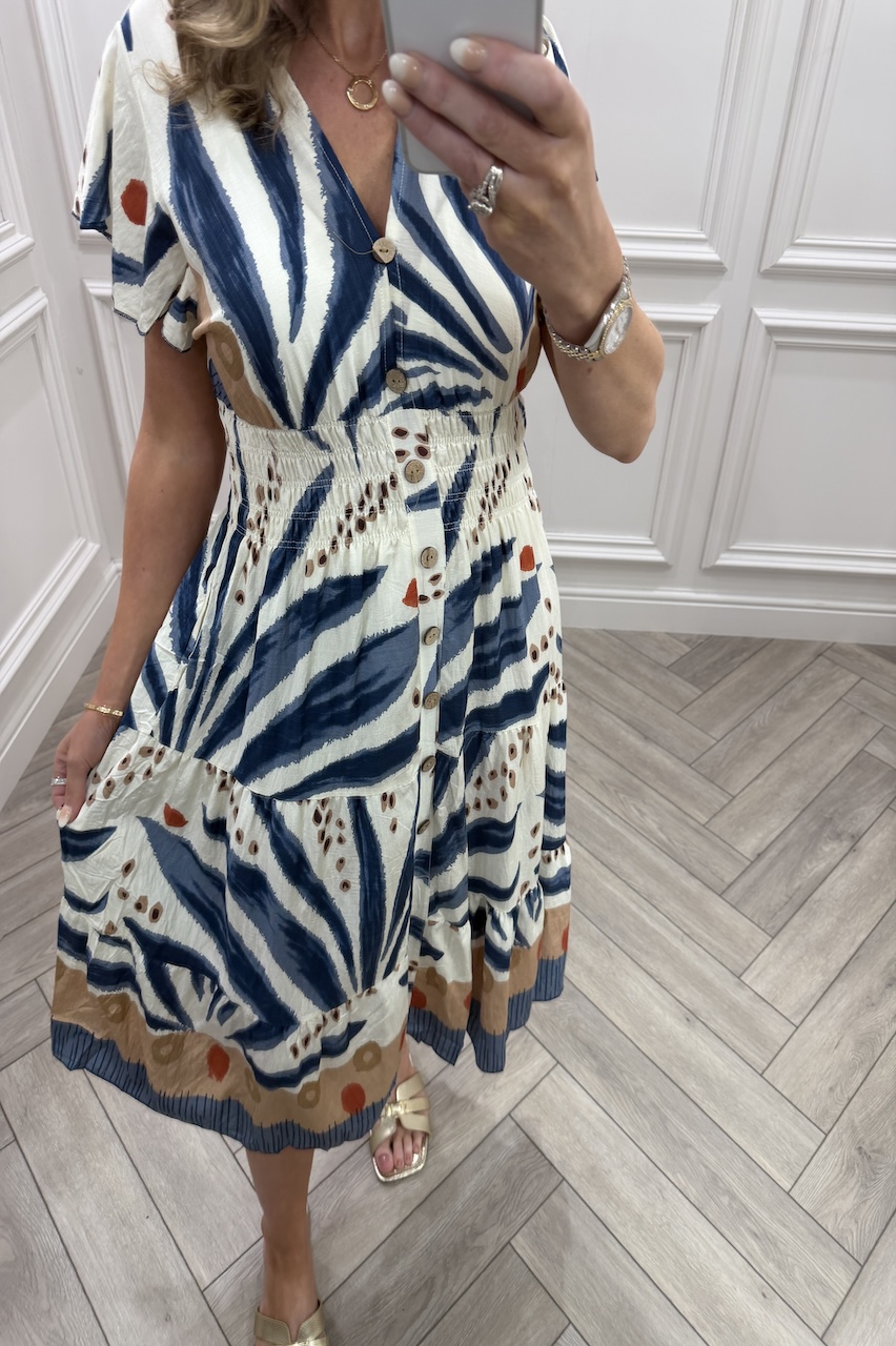 Navy & Tan Sunkissed Shirred Midi Dress