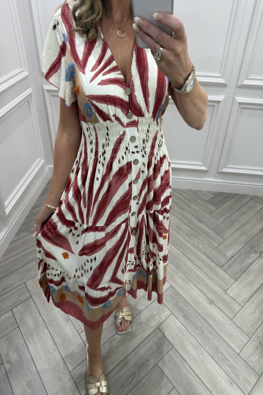 Red & Tan Sunkissed Shirred Midi Dress