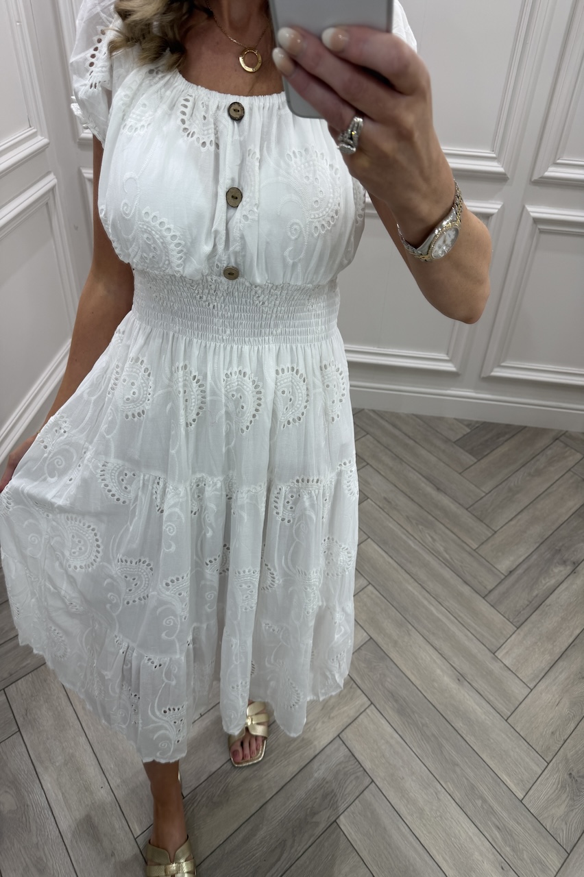 White Muse Broderie Shirred Midi Dress