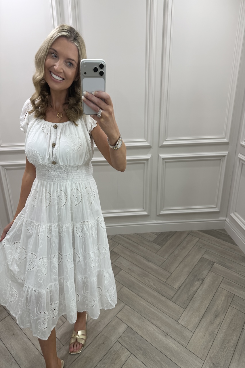 White Muse Broderie Shirred Midi Dress