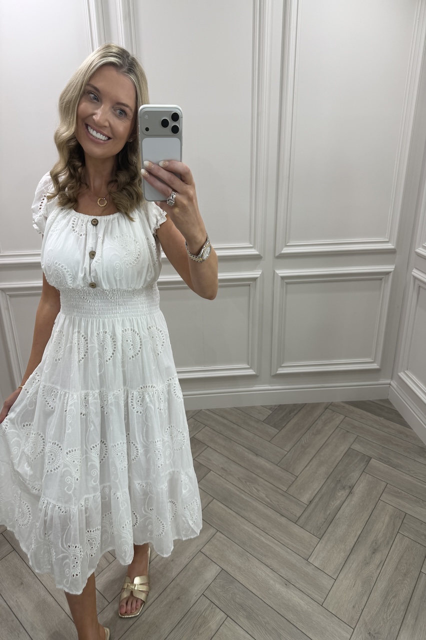 White Muse Broderie Shirred Midi Dress