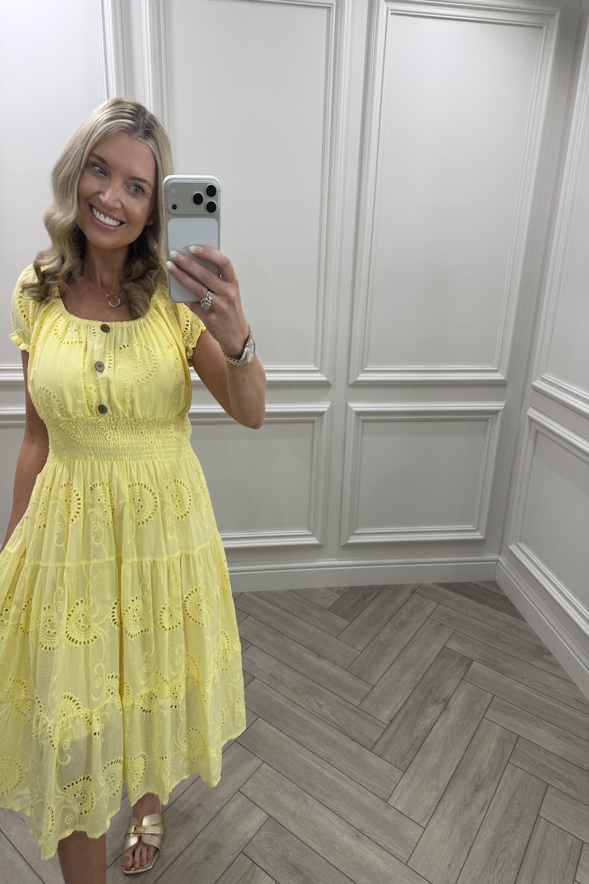 Yellow Muse Broderie Shirred Midi Dress