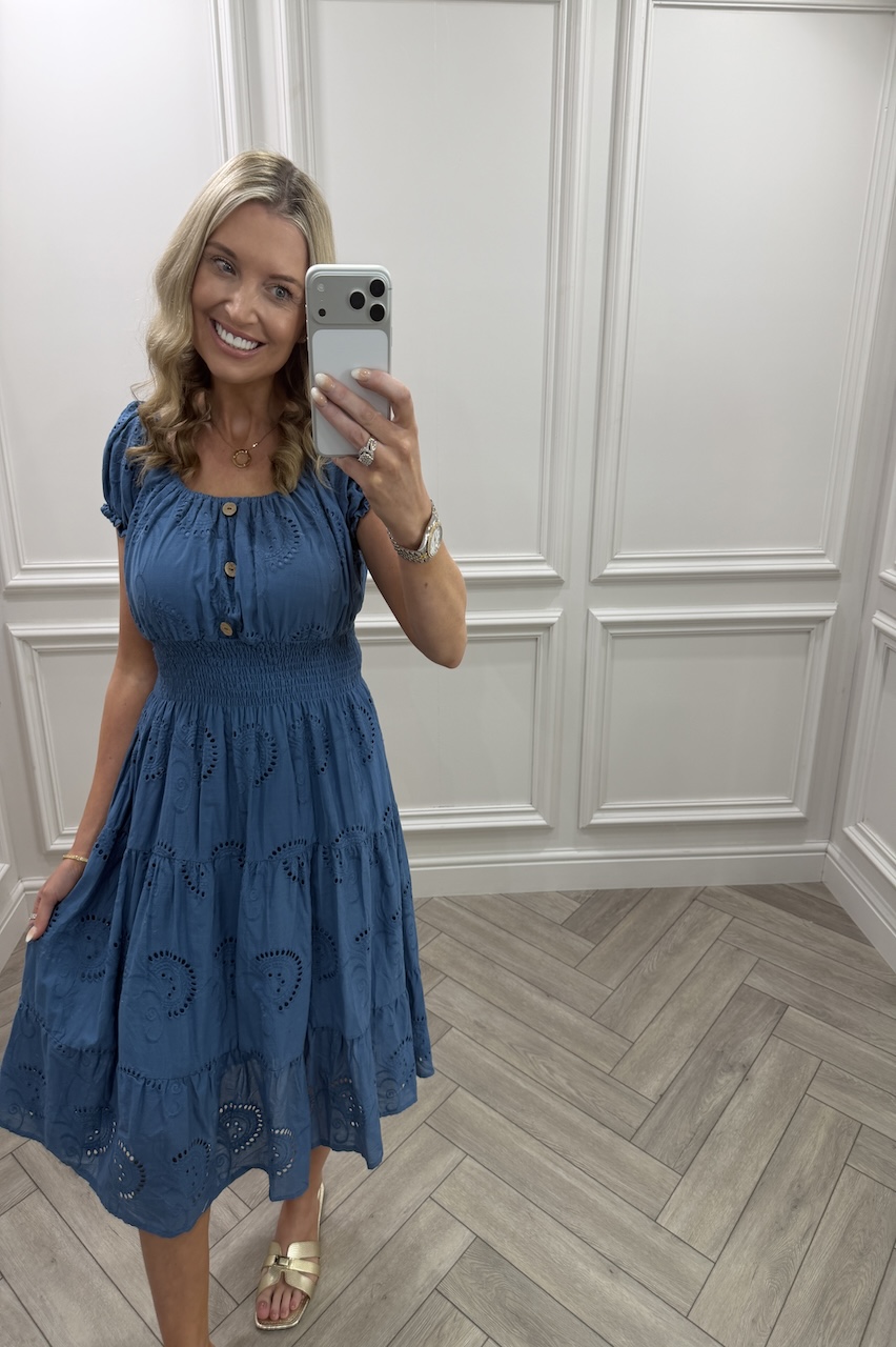 Denim Blue Muse Broderie Shirred Midi Dress