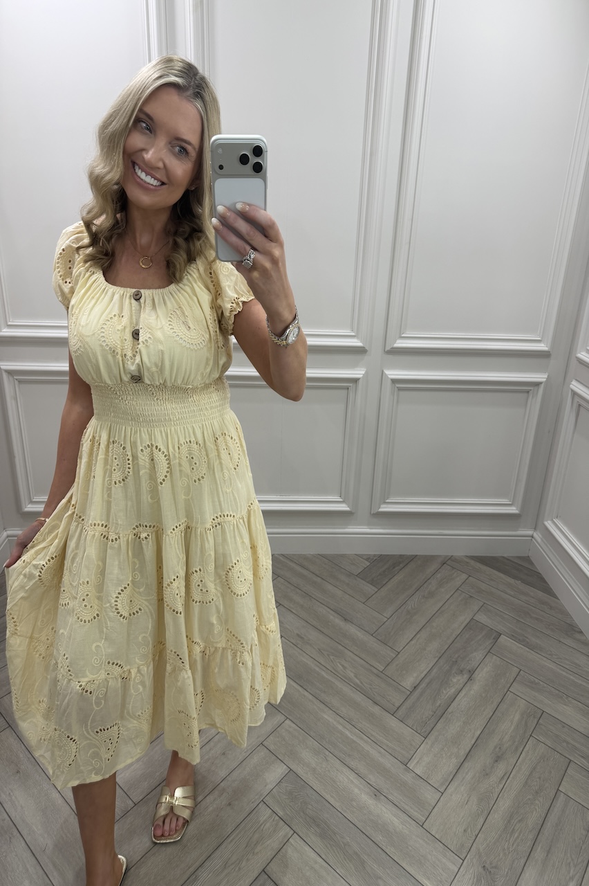 Beige Muse Broderie Shirred Midi Dress