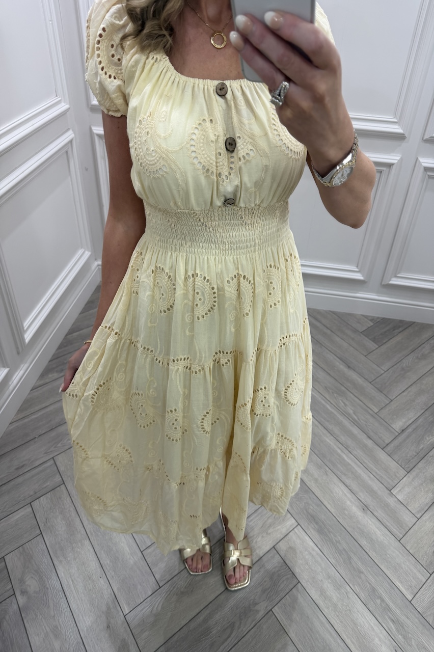 Beige Muse Broderie Shirred Midi Dress