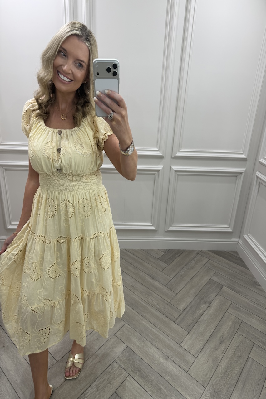 Beige Muse Broderie Shirred Midi Dress