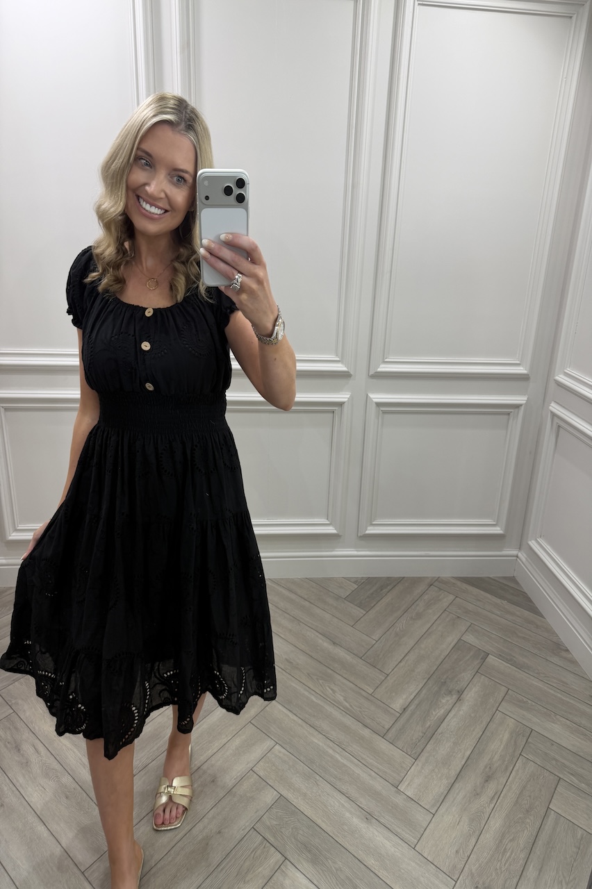 Black  Muse Broderie Shirred Midi Dress