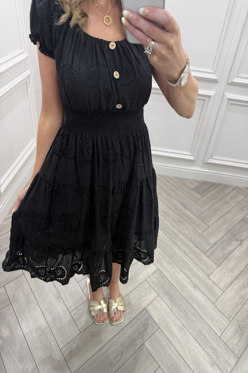 Black  Muse Broderie Shirred Midi Dress